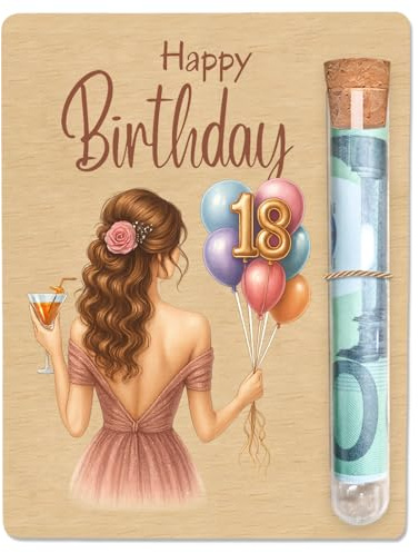 18. Geburtstag Mädchen Geldgeschenke, Geldgeschenk Geburtstag - 13 x 10 cm - mit Reagenzglas, Geschenkidee aus Holz Geburtstagsgeschenk für Mädchen, Geldgeschenke für Geburtstag Familie Freund Schüler