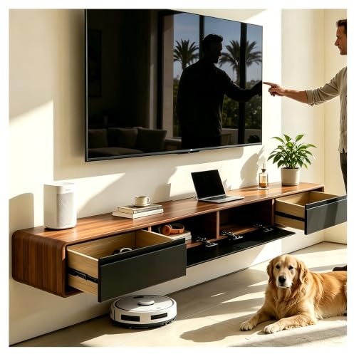 Mueble de TV flotante premontado con cajones, mueble de TV de madera montado en la pared, consola flotante moderna con gran almacenamiento, banco de TV que ahorra espacio debajo del televisor para