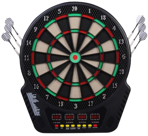 HOMCOM Bersaglio Elettronico 243 Programmi 27 Giochi 44x51.5x3.2 cm Nero | 6 Freccetta, Alimentatore, 4 Display LED, Tabellone Freccette Elettronico per 16 Giocatori