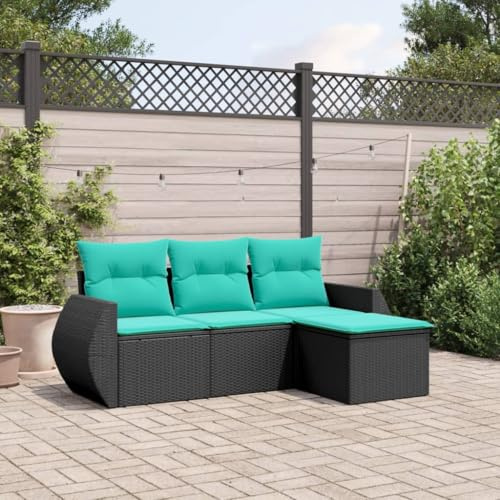 LoogCape 4-teiliges Gartensofa-Set aus schwarzem Polyrattan mit blauen Kissen, modulares Lounge-Möbel für Terrasse, Balkon und Garten