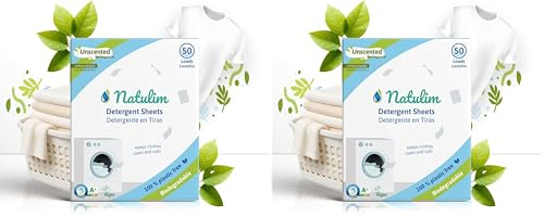 Natulim - Feuilles Lessive 50 Lavages - Sans produits chimiques - Convient aux peaux sensibles - Zéro Déchet et Sans Plastiques - Se dissout même à basse température - Sans Parfum (Lot de 2)