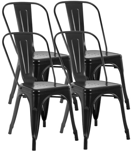 FDW | Metal Dining Chairs | Set of 4 | Black | Stackable Tolix Side Chairs with Backrest | Scratch-Resistant | Non-Slip Feet | Indoor/Outdoor Use | 330 lbs Capacity | for Kitchen & Restaurant
