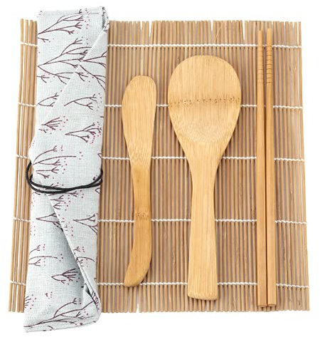 TOPINCN 9Pcs/Set Bamboo Sushi Kit Includes 2 Rolling Mats, 5 Pairs of Chopsticks with Storage Bag, Paddle, Spreader Beginner Sushi Making DIY Kit
