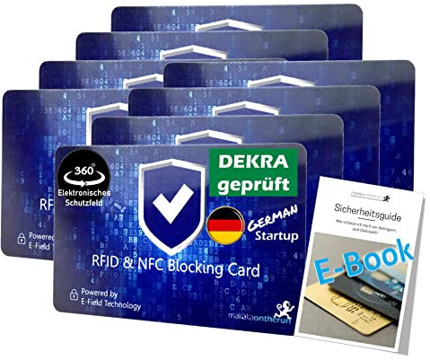 MakakaOnTheRun 8X RFID Blocker Karte (3fach geprüft: DEKRA + EMV + HF-Labor) 360° Schutzkarte für Geldbörse - NFC Blocker Karte - Schutzkarte gegen Datenklau - RFID Blocker Card