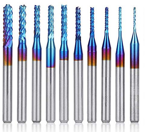 Lukcase 10Pcs 0.8-3 mm Nano Blue Coat End Mill CNC Router Bits, 1/8'' Shank