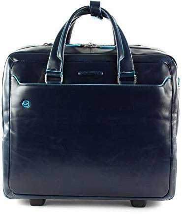 PIQUADRO Trolley business blu quadrato a 2 ruote in pelle con scomparto per laptop da 36 cm