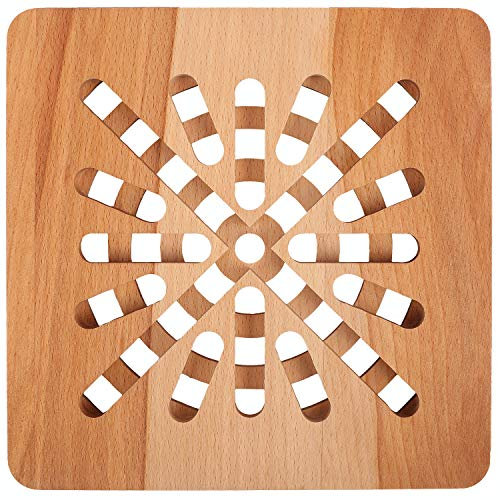 Creative Home Square Wooden Hot Pot Stand Pan Trivet | 19.5 x 19.5 x 1.5 cm | Table, Worktop & Counter Protector | Non Slip Natural Beech Wood | Reversible Heat Resistant Kitchen Coaster & Mat