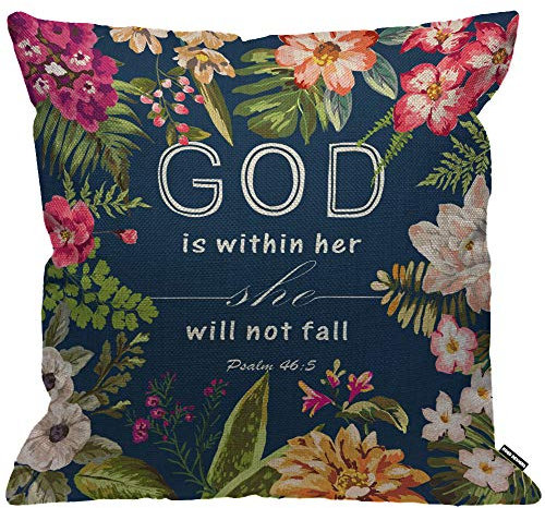 HGOD DESIGNS Kissenbezug mit Blumenmotiv, Bibelverse, God is within Her She Will Not Fall Psalm 46 10 Kissenbezug Heimdekoration für Schlafzimmer Sofa Stuhl 45,7 x 45,7 cm Kissenbezug 45 x 45 cm