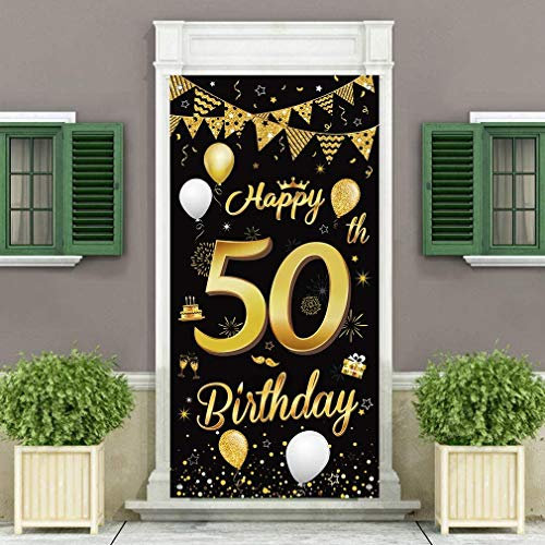 50.Geburtstagsfeier Dekorationen Banner Hintergrund,Schwarzes und Gold Dekoration für Männer und Frauen der 50.Geburtstagsfeier,wesentliche für 50.Geburtstagsfeier,185 × 90 cm (72.8 × 35.4 Zoll)