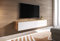 Meuble TV bas D 140 cm, meuble TV suspendu, couleur Wotan / blanc brillant, éclairage LED, meuble de salon moderne (sans éclairage LED)