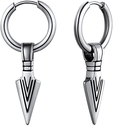 U7 12mm Kleine Creolen mit Speerspitze Anhänger Ohrringe Edelstahl Herren Biker Gotik Hängeohrringe Punk Rock Creolen Silber Huggie Kreolen Hoop Earrings Modeschmuck für Ehemann
