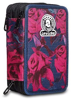 Invicta Federmäppchen, Mäppchen, mehrfarbig, Federtasche für Schreibwaren, Etui mit Stiften, Kugelschreiber und mehr, 3 Fächer, Mädchen und Jungen, Schule - Grundschule, XXL ROSES FANTASY rosa
