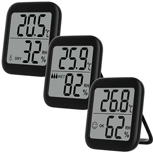 VICKSONGS Raumthermometer Innen, Thermometer Hygrometer Innen Außen - [Magnetische & Stand] Hydrometer Feuchtigkeit Digital, Temperatur Und Luftfeuchtigkeitsmesser Innen (Schwarz 3)