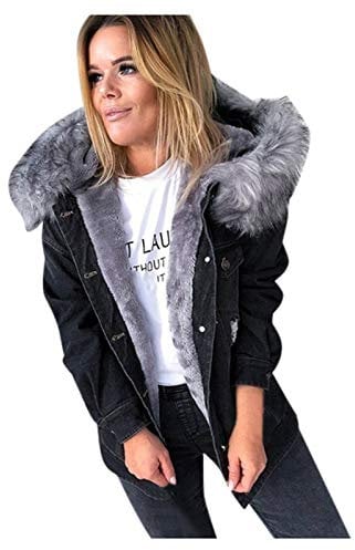 BOTCAM Women's Winter Denim Jacket - Warm Lined Mountain Parka With Fur Hood, Lightweight Oversize for Outdoor Sports, Autumn