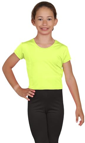 janisramone® Girls Short Sleeve Tee Shirts, Stretchy Microfiber Round Neck Crop Tops for Girls, Plain Summer Top, Kids Running Yoga Playing Active Sports Wear Cropped T-Shirt Neon Yellow