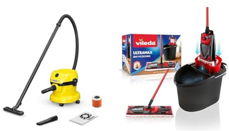 Kärcher Aspirateur Multifonction WD 2 Plus V-12/4/18/C, Fonction Soufflerie, Puissance : 1000 W & Vileda - UltraMax Power 2en1 - Set Complet Balai à Plat Microfibre + Seau-Essoreur