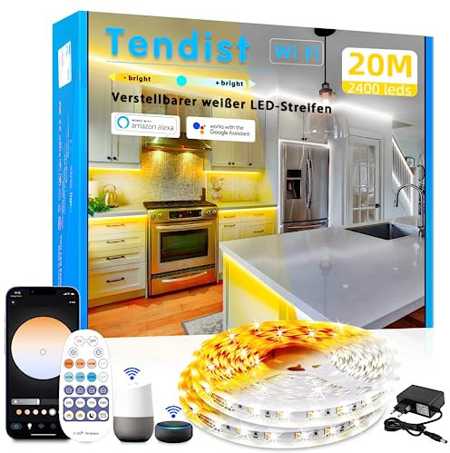 TENDIST 20M LED Strip Warmweiß 3000k Kaltweiß 6500K, Alexa Kompatibel Weiß Led Lichtband mit Fernbedienung, Dimmbar Selbstklebend Unterschrank Beleuchtung Led Strifen für Küche, Zimmer, Vitrinen