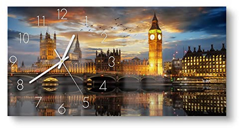 DEQORI Glasuhr | vertikal 60x30 cm | Motiv Londoner Abendkulisse | große XXL Design Uhr aus Glas | leise Wanduhr für Wohnzimmer & Küche | moderne Hingucker Uhr für die Wand