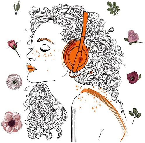 WandSticker4U®- XXL Wandtattoo Jugendzimmer Mädchen MUSIC GIRL Comic Zeichnung (81x52 cm) I Wandsticker Mädchen Blumen rosa groß I Wandaufkleber Mädchenzimmer Deko Teenager COOL