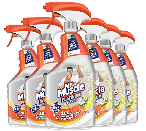 Mr Muscle Kitchen Cleaner, Platinum Antibacterial Kitchen Spray, Citrus, Pack of 6 (6 x 750 ml)