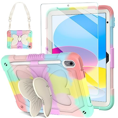 Blosomeet Schutzhülle für iPad 10. Generation 2022, 27.7 cm (10.9 Zoll), mit Displayschutzfolie und Ständer aus gehärtetem Glas, bunte Schutzhülle für iPad 10. Generation 10.9 Zoll