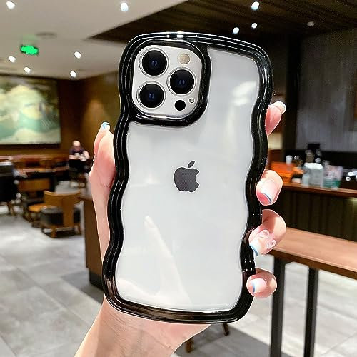 QLTYPRI Compatible with iPhone 14 Pro Case, Cute Curly Wave Frame Clear Case for Girls Women, Transparent Soft Silicone TPU Bumper Shockproof Protective Phone Cover for iPhone 14 Pro - Black