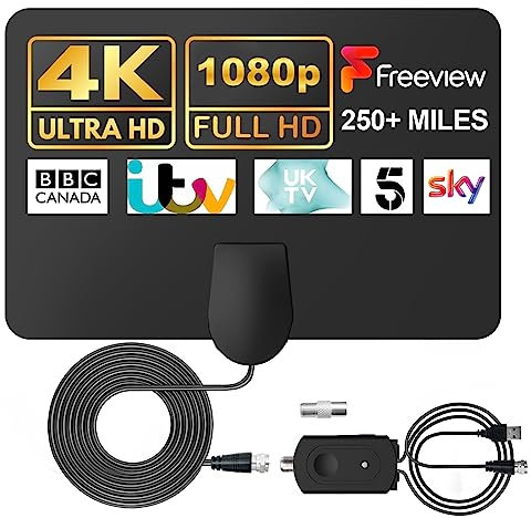 CNMTCCO TV Aerial Indoor with 250+ Miles Long Range Reception, Indoor TV Aerial for Freeview TV Support 4K 1080P Local HDTV Channels, Contains 13 ft Coax Cable & Booster