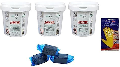 zbs24 Wasserkastenwürfel Sanit Reinigungswürfel für WC-Spülkasten - 3 Dosen a 10 Stück, Würfel je 50g, Bundle mit Latex Handschuhen