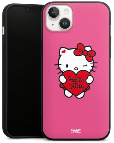 Premium Silikon Hülle kompatibel mit Apple iPhone 14 Handyhülle schwarz Case Hello Kitty Fanartikel Herz