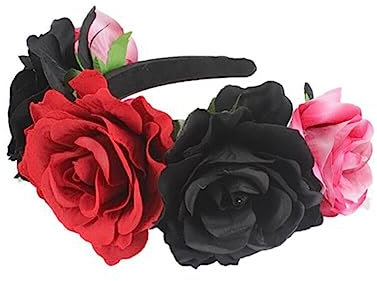 Haarreif Dia de los Muertos Halloween Rosen Haarreifen,Tag der Toten Blumenkrone, Mexikanische Blumen-Haarbänder Stirnband,Damen Haarband Party Kostüm Rose Blume Krone Kopfschmuck Cosplay Haarschmuck