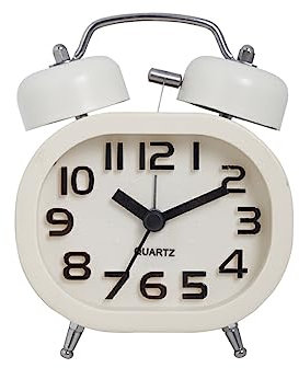 Ailan Alarm Clock Sweeper Glass Mirror Timepiece Round with Night Lights Pointer Type Metal Desktop Clocks Table Bells, White