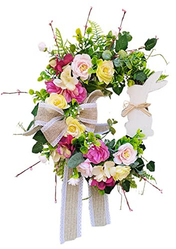 Ostereiern Blumen Wandkranz Frühlingskranz Frühlingsdeko Tür Osterkranz Kranzschild für Haustür Deko Frühling Ostern Künstlicher Blumenkranz (Green, One Size)