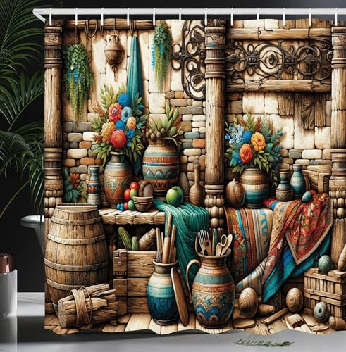 ABAKUHAUS Rustikal Duschvorhang, Fantasy Welt Alte Zeiten inspirierte ethnische Vasen Blumen Grunge Historik, Stoffliches Gewebe mit Haken, 175 x 200 cm, Blasses Braun Türkis Zimt