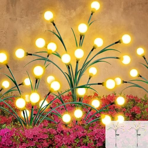WoskjXas Solar Firefly Gartenlichter Draussen, 2 Stück 10LEDs Firefly Solar Pathway Lights, Wasserdicht Swinging Garten Lichter, Beleuchtung Glühwürmchen Licht für Weg Hof Landschaft Dekorative