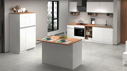 Cucina completa Baptiste, Set con dispensa, Mobile per cucinotto, Kit blocco con isola e portafrigo, 100% Made in Italy, Bianco lucido e Rovere