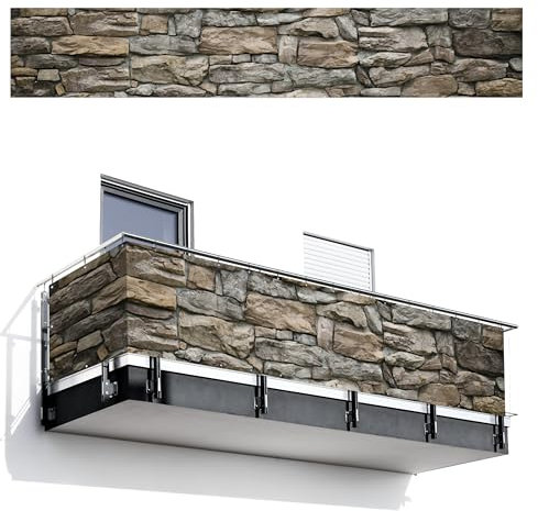 MuchoWow© Balkon Sichtschutz Einseitig 90x500 cm Groß Terrassen Gartenzaun Balkonfächer ohne Bohren Wetterfest für Zaun Terrasse Balkonbespannung Seitenschutz Steine - Steinoptik - Grau