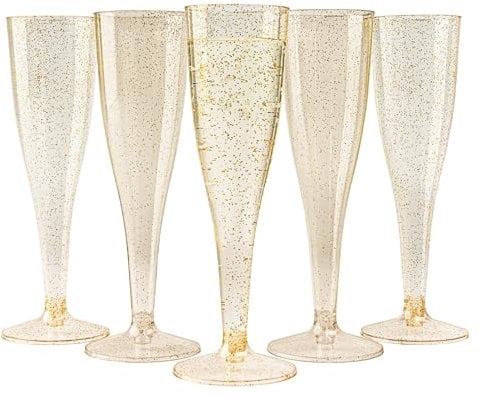 MATANA 48 Flûtes à Champagne en Plastique Réutilisables Premium à Paillettes Dorées, 133ml - Verres à Champagne, Coupes de Champagne pour Mariages, Anniversaires & Fêtes