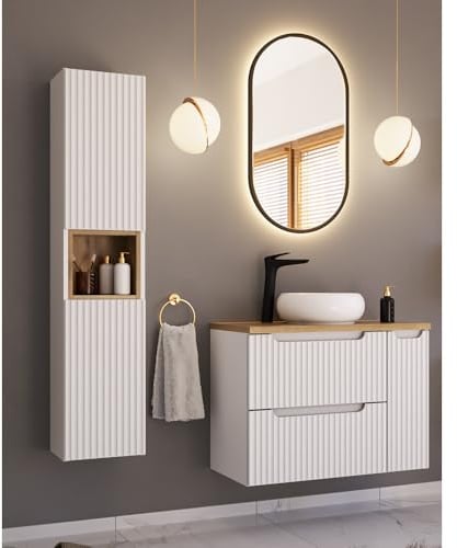 Lomadox Badezimmer Badmöbel Set 3-teilig mit 80cm Waschtisch, weiß und Eiche mit gerillter Front | inkl. LED-Spiegel, Keramikwaschbecken, Hochschrank