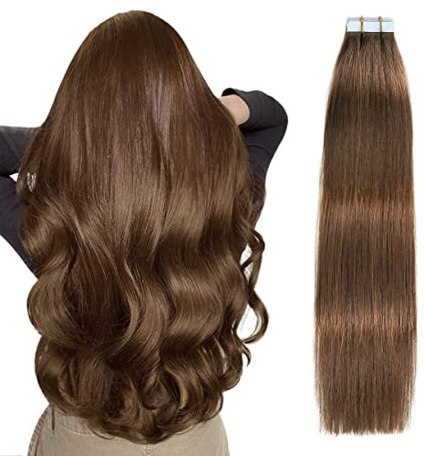 SUYYA Tape Extensions Echthaar,Invisible Tape in Extensions Echthaar Seidig Gerade Remy Tape Haarverlängerungen Echte Menschliches Haar 24 Zoll 60cm 20 Stück 50G #4 Schokoladenbraun