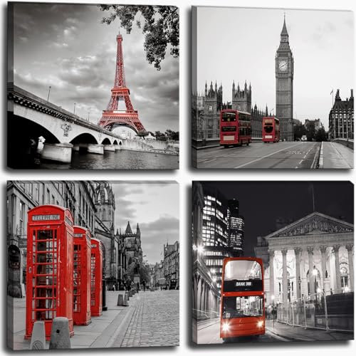 Schwarz-weiße Stadtlandschaft, Wandkunst für Schlafzimmer, rote Straße, Leinwand-Dekor für Badezimmer, Paris, Eiffelturm, Bilder, Drucke, London, Big Ben, Kunstwerk, Poster für Wohnzimmer, Büro,
