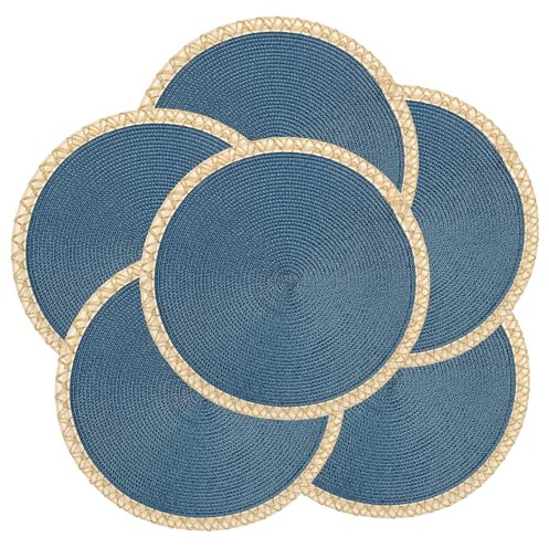 fanquare Sets de Table Tissés Ronds Lot de 6 Sets de Table Bleus avec Bordure Dorée 34cm Tapis de Table de Salle à Manger Rustique Napperons Résistant à la Chaleur pour Cuisine Maison Fête