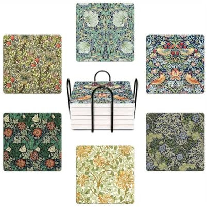 WWOOPLL William Morris Drink Coasters Set of 6, Vintage Botanical Floral Garden Absorbent Square Ceramic Stone Mat Coaster, with Cork Base and Metal Holder, Anti-Slip Cork Bottom for Mugs and Glasses