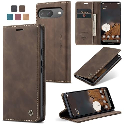 owlhold Handyhülle für Google Pixel 9/Pixel 9 Pro Hülle Premium Lederhülle Weiches Vintage-Nubukleder Faltbare Ständer Schutzhülle Kartenfach Standfunktion klapphülle Pixel 9/Pixel 9 Pro -Kaffee