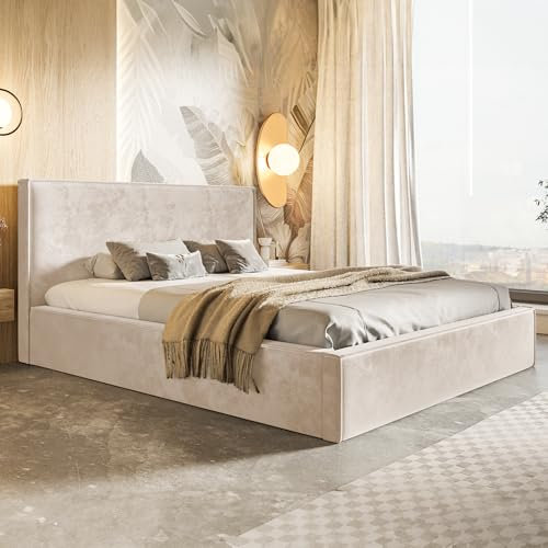MOTIVENA Boho Polsterbett 180x200 mit Bettkasten, mit Stauraum, Bett Kopfteil Samt, ohne Matratze, Bett Samt, Beige Creme