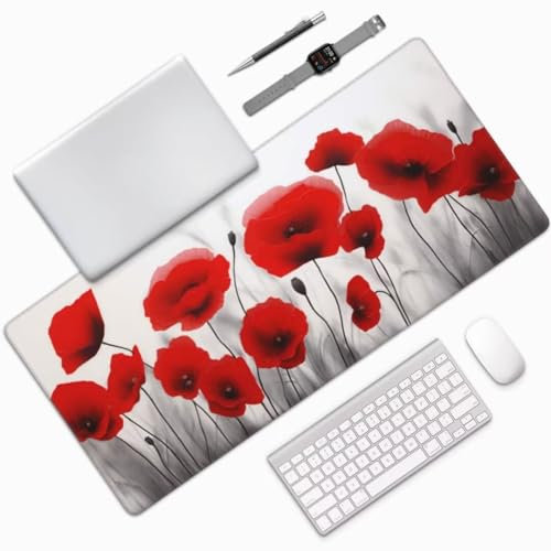 Rot Mauspad XXL Mauspad 600x300 mm Schreibtischunterlage, Wasserdicht Mauspad Mohnblume Mousepad XXL, Gaming Mauspad Groß Verbessert Präzision und Geschwindigkeit für Gaming Zubehör Zimmer Deko -MU759