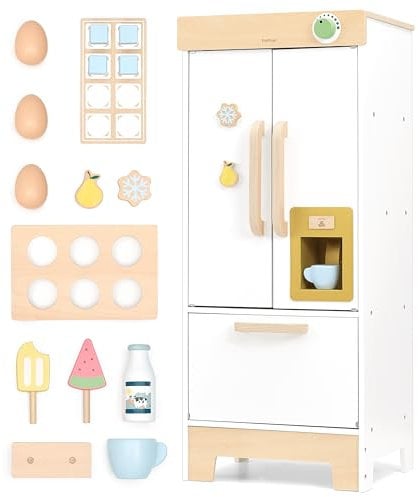 PairPear Kids Play Kitchen Toy Fridge Wooden Toy Refrigerator Freezer Set for Toddler Pretend Play Kitchen Acessories Play Food Gift for Boys & Girls Age 3+