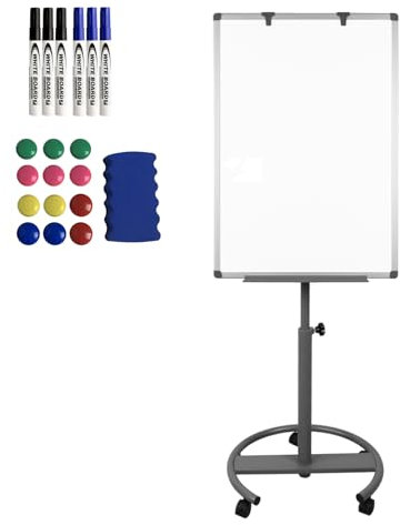 ROSEJANE Tableau blanc mobile réglable en hauteur - Tableau blanc magnétique effaçable à sec - Avec plateau en aluminium amovible