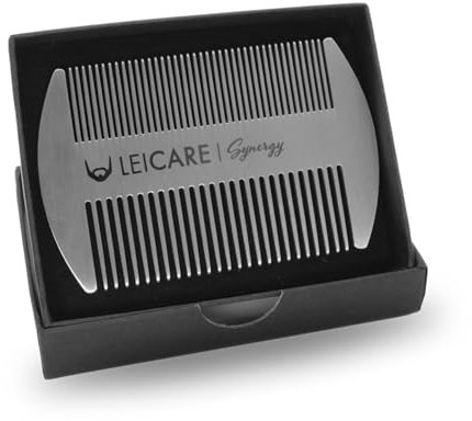 Leicare Edelstahl Bartkamm Synergy in Geschenkbox - 25 zu 30 Zähne Kamm mit ergonomischem Design - praktisches EC-Karten Format (8,5x5,5cm - 31g)