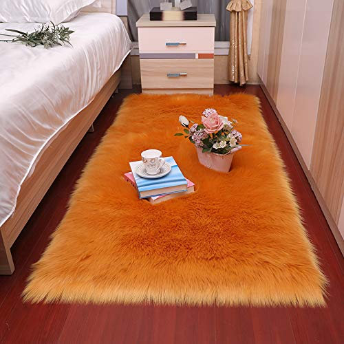 YUGWNN Orange Lammfell Imitat Fellteppich Kunstfell Teppich,Bettvorleger Waschbarer Teppich Hochflor Shaggy,90x180cm/35.4x70.7in