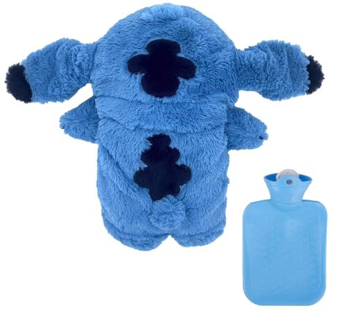 Ajuanbazha Botella de Agua Caliente Sti-Tch, Bolsa de Agua Caliente Stitch con Funda de Felpa Suave, Botella de Goma Antifugas, Ideal para Niños, Bebés y Adultos, Regalo para la Familia y Amigos